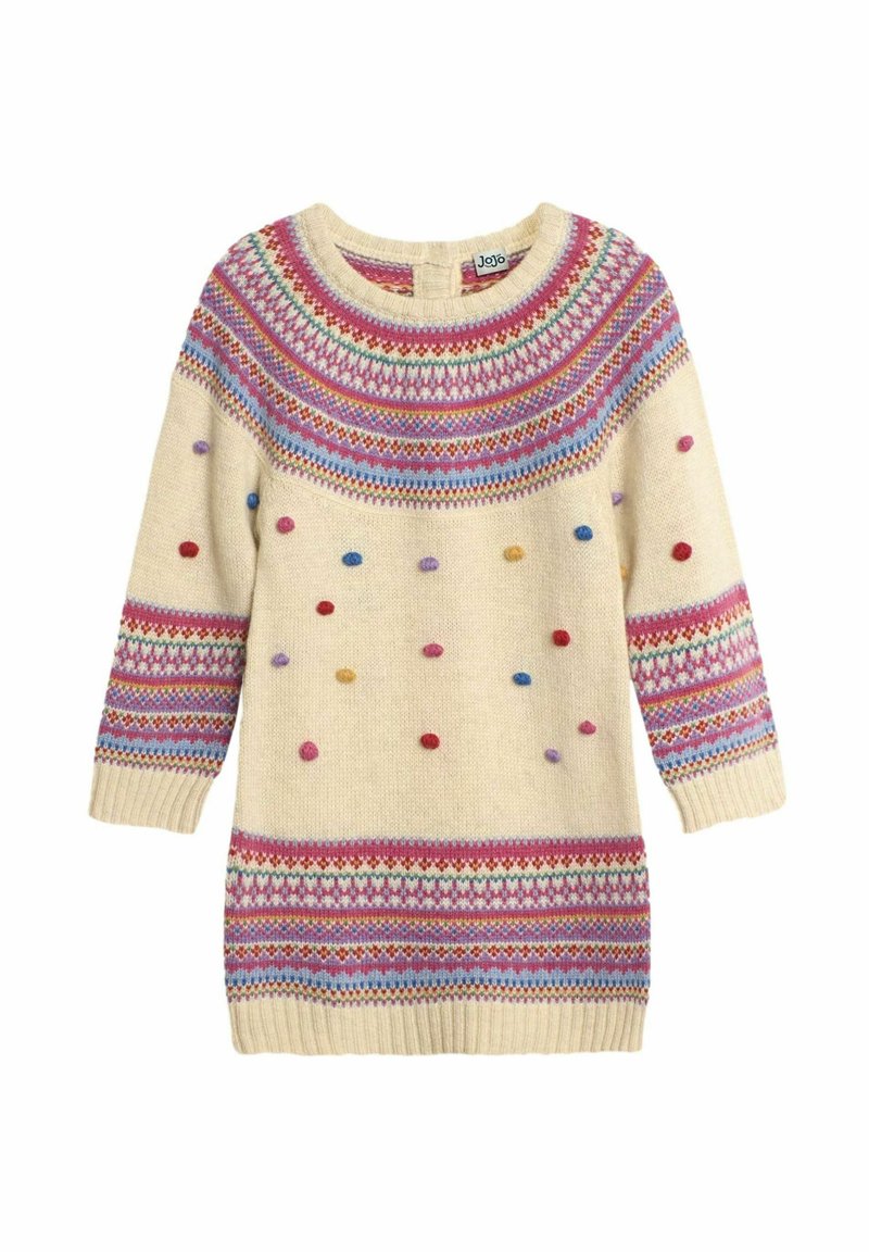 Maglione lavorato a maglia color crema con scollo a yolk decorato in rosa, blu e rosso; presenta pompon colorati e maniche lunghe con polsini a coste.