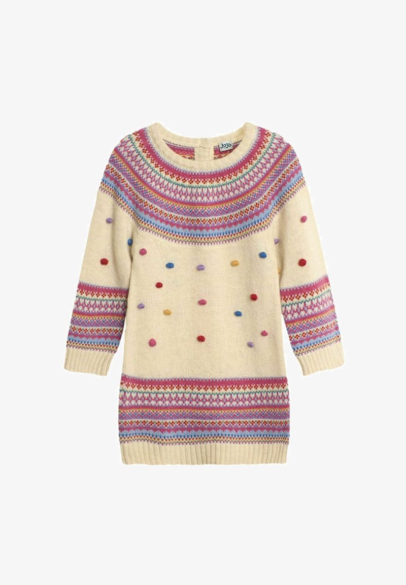 Maglione lavorato a maglia color crema con scollo a yolk decorato in rosa, blu e rosso; presenta pompon colorati e maniche lunghe con polsini a coste.