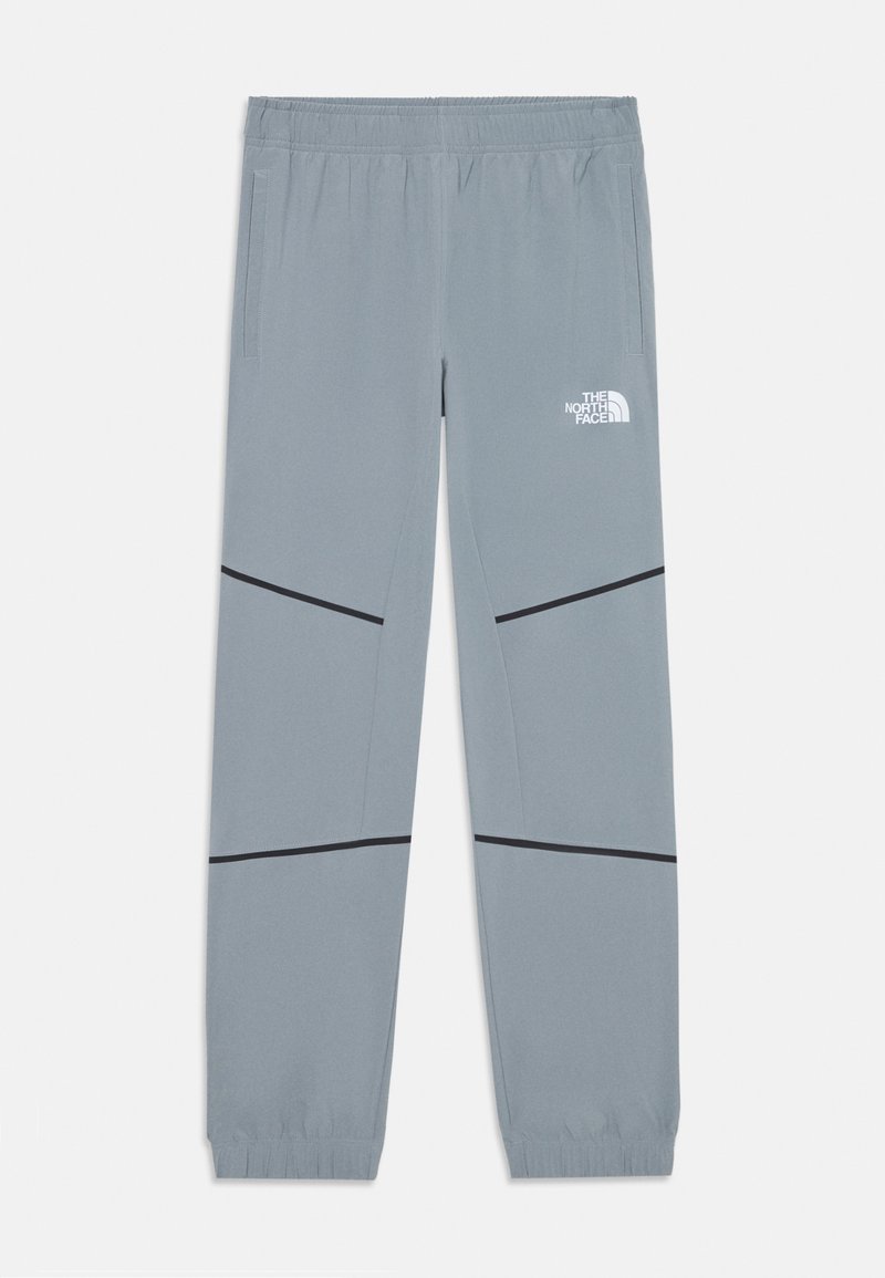 Calças de desporto cinza claro com cintura elástica, riscas pretas nas laterais e logótipo na parte superior da coxa esquerda. Inclui dois bolsos laterais.