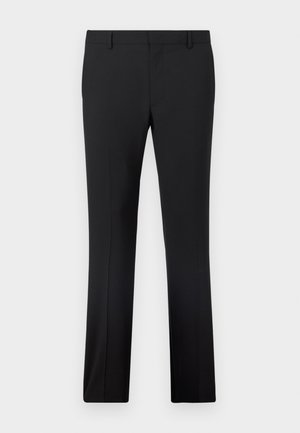 Μαύρο παντελόνι από λείο ύφασμα, με κομψό σχέδιο και ίσιες γραμμές, επίπεδη μπροστά και θηλιές για ζώνη.
