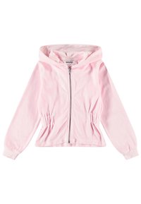 Sweatshirt com capuz rosa claro, feito de um tecido suave, apresentando um fecho éclair frontal, cintura franzida e mangas longas com punhos elásticos.