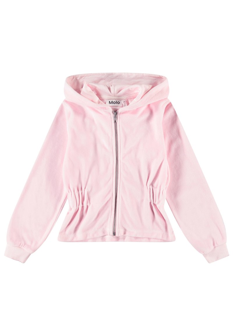 Sweatshirt com capuz rosa claro, feito de um tecido suave, apresentando um fecho éclair frontal, cintura franzida e mangas longas com punhos elásticos.
