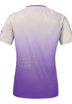 Kurzarm-Sporthemd, hellgrau bis lila Farbverlauf, strukturierter Stoff. Mit dem Text „HEY NATURE, THANKS FOR THE RIDE“ auf dem Rücken.