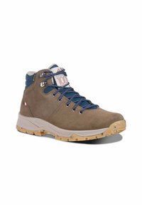 Ruskeat ja siniset vaelluskengät, joissa on siniset nauhat, kestävä vaaleanruskea pohja, metalliset nauha-aukot ja Gore-Tex-tunnus pehmustetun nilkka-alueen kohdalla.