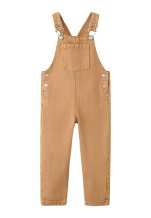 Salopette pour enfants de couleur fauve avec bretelles réglables, poche poitrine avant et fermetures latérales à boutons métalliques.