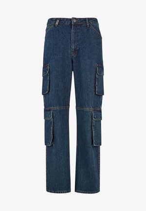 Dark blue denim cargo pants featuring multiple side pockets, straight leg design, and contrasting stitching. Durable fabric with a classic cut.