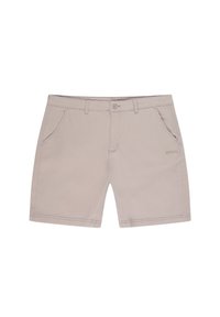 Beżowe szorty wykonane z miękkiego materiału, z dwoma przednimi kieszeniami, zapięciem na guzik i subtelnym logo z boku.