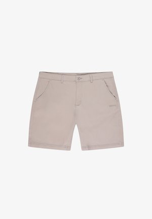 Beżowe szorty wykonane z miękkiego materiału, z dwoma przednimi kieszeniami, zapięciem na guzik i subtelnym logo z boku.