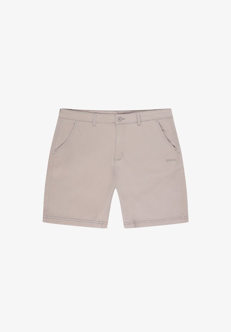 Beżowe szorty wykonane z miękkiego materiału, z dwoma przednimi kieszeniami, zapięciem na guzik i subtelnym logo z boku.