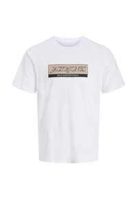 Weißes Baumwoll-T-Shirt mit einem zentralen schwarzen und beigen Logo, das den Text "JACK&JONES" und "SINCE NINETEEN NINETY" zeigt. Kurze Ärmel, Rundhalsausschnitt.