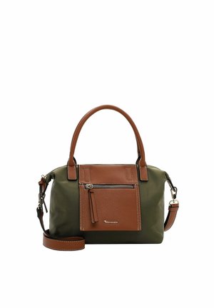 Green and brown leather handbag with dual handles, front zip pocket, and adjustable shoulder strap on a white background.