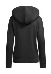 Black hooded sweatshirt featuring a soft fabric, long sleeves, ribbed cuffs, and a kangaroo pocket. Smooth texture with a minimalist design.