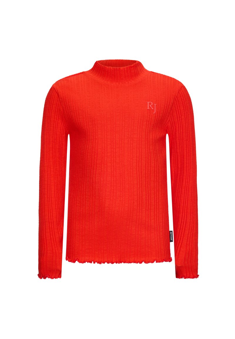 Maglione rosso a coste con collo alto, maniche lunghe e orlo grezzo. Presenta un logo ricamato discreto sul petto.