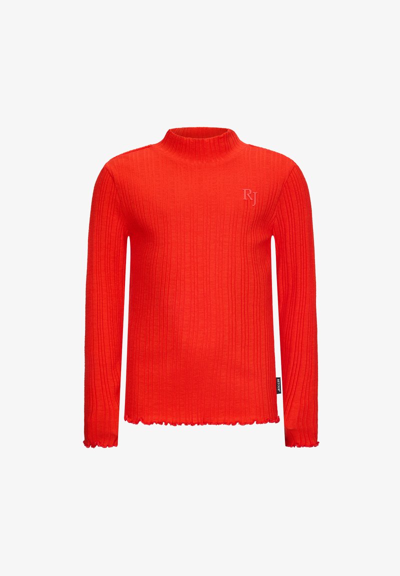 Maglione rosso a coste con collo alto, maniche lunghe e orlo grezzo. Presenta un logo ricamato discreto sul petto.