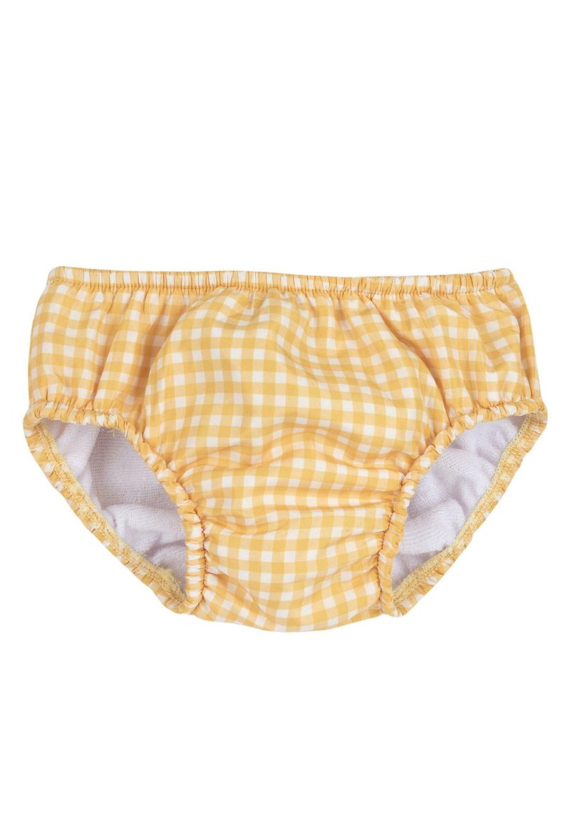 Costumi da bagno gialli a quadretti con vita elastica e lati arricciati. Foderati con tessuto bianco per il comfort, progettati per attività acquatiche.