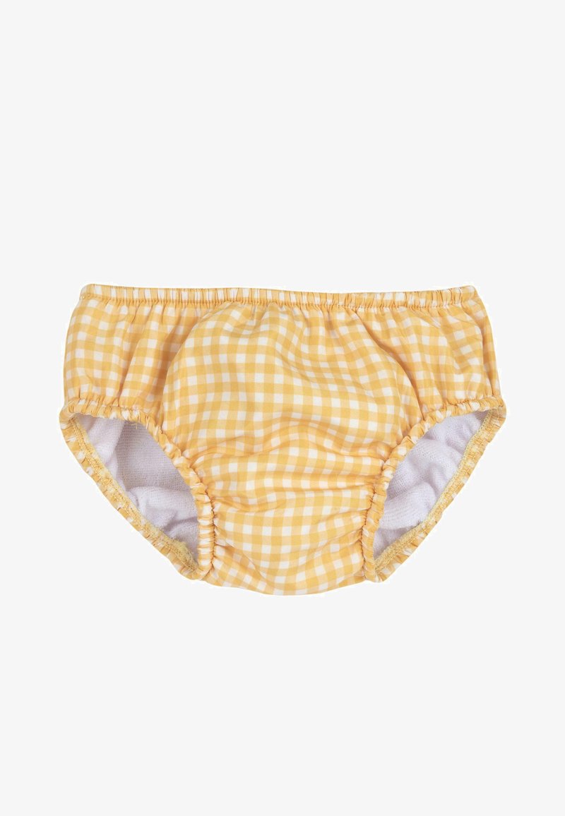 Costumi da bagno gialli a quadretti con vita elastica e lati arricciati. Foderati con tessuto bianco per il comfort, progettati per attività acquatiche.