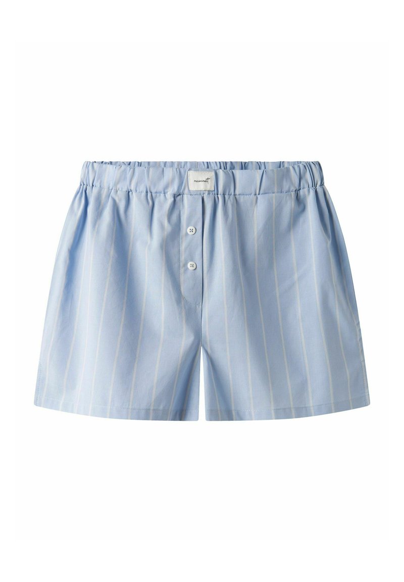 Light blue cotton shorts with white vertical stripes, featuring an elastic waistband and two front buttons. Soft texture with minimal detailing.