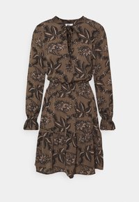 Vestido floral marrón con mangas largas, un escote atado y una falda en capas. El material tiene una textura suave con patrones florales en negro y beige.