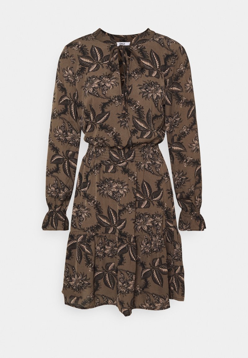 Braunes Blumenkleid mit langen Ärmeln, einemBindegürtel am Hals und einem gestuften Rock. Das Material hat eine glatte Textur mit schwarzen und beigen Blumenmuster.