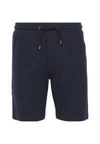 Marineblå shorts lavet af en blanding af bomuldsstof, med elastisk talje og snørrelukning samt sidelommer. Glat tekstur.