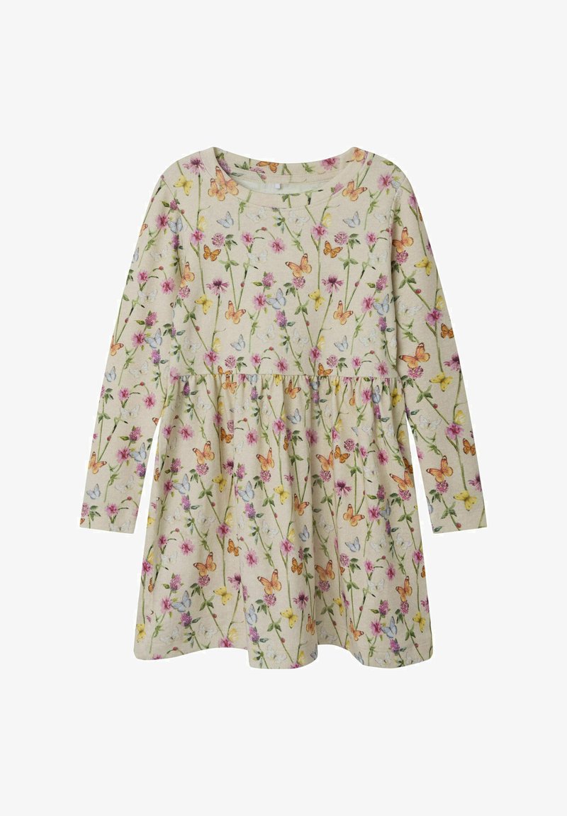 Šaty s dlouhým rukávem a kulatým výstřihem, které mají krémové pozadí a květinový potisk motýlů v růžové, žluté a modré barvě. Stahovaný pas.