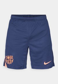 Navy athletic shorts made of lightweight fabric. Features an orange FC Barcelona logo and a small orange Nike swoosh on the front.