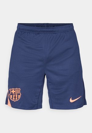 Navy athletic shorts made of lightweight fabric. Features an orange FC Barcelona logo and a small orange Nike swoosh on the front.