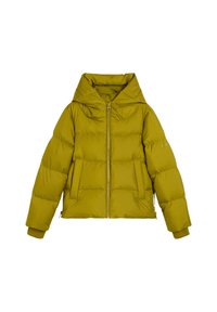 Olivgrüne Daunenjacke mit Kapuze, Reißverschluss, großen Fronttaschen und gerippten Bündchen; verfügt über ein gestepptes, strukturiertes Design.