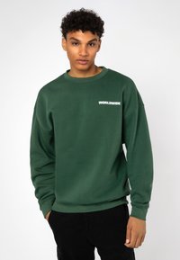 Groene katoen sweatshirt met lange mouwen en een ronde hals, voorzien van het woord "WORLDWIDE" in het wit op de borst. Glad textuur.