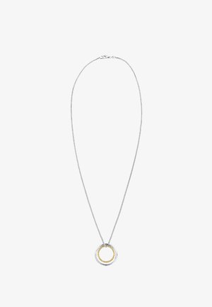 Collier en argent avec un pendentif circulaire comportant des anneaux entrelacés en argent et en or, mettant en valeur une surface métallique lisse et un design élancé.