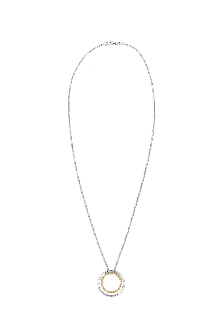 Silberne Kettenhalskette mit einem runden Anhänger, der miteinander verbundene Silber- und Goldringe zeigt und eine glatte Metalloberfläche sowie ein schlankes Design aufweist.