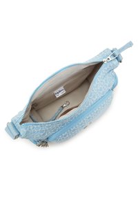Light blue zippered bag with a textured pattern. Interior is beige with a small strap and clip. Metal hardware accents.