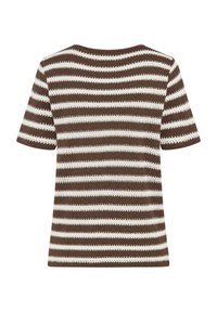 Bruin-wit gestreept, gebreid T-shirt met korte mouwen, ronde halslijn en een gestructureerd patroon.