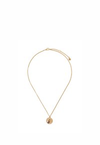 Guldhalsband med rund hängsmycke som visar en hundsilhuett mot en månskära och en liten stjärna på en beige bakgrund.