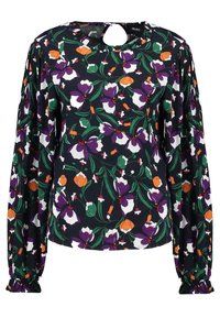 Blomstret bluse med sort baggrund, prydet med lilla og orange blomster, lange puffærmer og en rund nøglehul-udskæring.