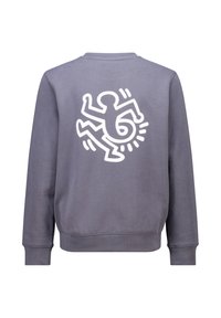 Grijze sweatshirt met een grote witte afbeelding van een figuur die op de achterkant rent, met ribgebreide manchetten en zoom. Glad katoenstof.