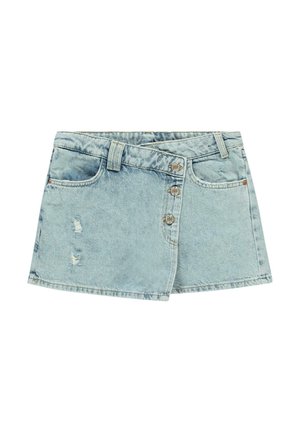 Lichtblauwe denimrok met een rafelige rand, voorzakken en vijf knopen als sluiting. Heeft verwerkte accenten aan de linkerkant.