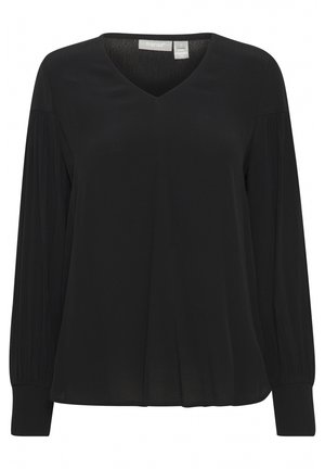 Crna bluzica dugih rukava s V-izrezom, naboranim rukavima i opuštenim krojem. Izrađena od lagane tkanine, s suptilnom teksturom i rukavima s manžetama.