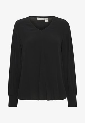 Crna bluzica dugih rukava s V-izrezom, naboranim rukavima i opuštenim krojem. Izrađena od lagane tkanine, s suptilnom teksturom i rukavima s manžetama.