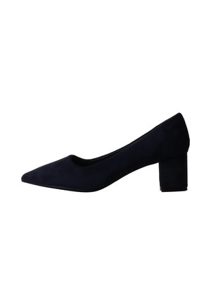 Chaussure femme en daim noir à talon bloc bas, bout pointu et dos fermé, vue de profil droit sur fond blanc.