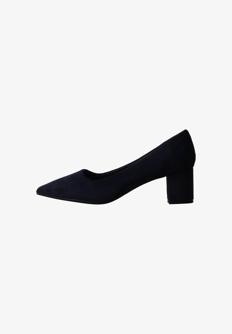 Chaussure femme en daim noir à talon bloc bas, bout pointu et dos fermé, vue de profil droit sur fond blanc.