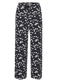 Navyblå blommiga byxor i mjukt tyg, med dragsko i midjan, vida ben och spridda mönster av vita och beige blommor.