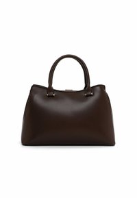 Borsa a tracolla in pelle marrone scuro con un design strutturato, manici arrotondati e sottili dettagli metallici. Texture liscia senza pattern visibili.