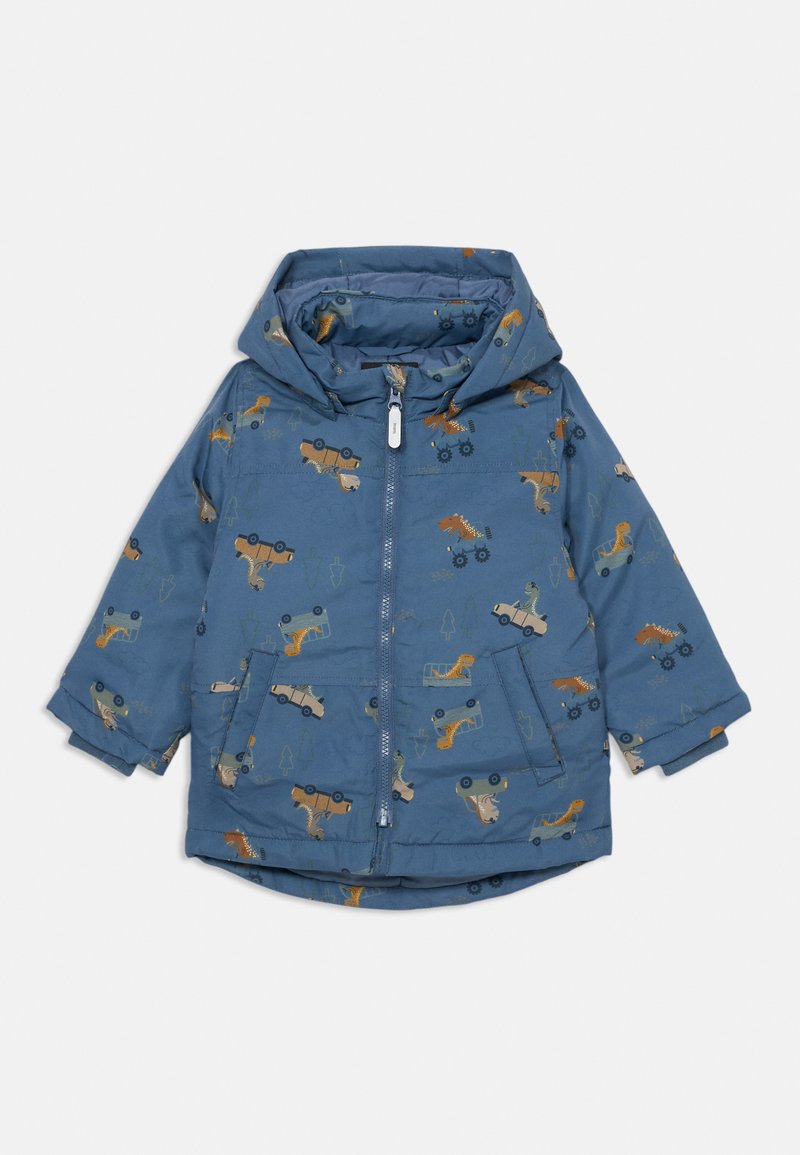 Casaco azul com capuz para criança, com estampas coloridas de dinossauros e veículos, com fecho frontal e dois bolsos na frente.