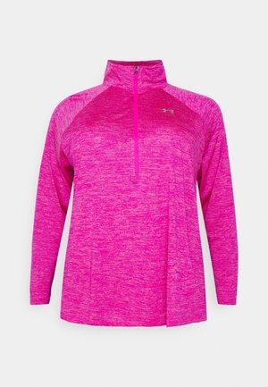 Langarmige roze gemêleerde sporttrui met kwartrits en klein logo op de linkerborst.