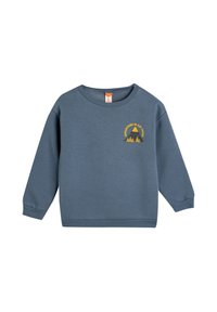 Niebieska bluza wykonana z miękkiego materiału, z okrągłym dekoltem, długimi rękawami oraz haftowanym wzorem górskim z napisem "Przygoda czeka na zewnątrz."
