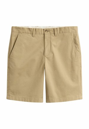 Männer Khaki-Baumwollshorts mit Knopfverschluss, Gürtelschlaufen und Seitentaschen, dargestellt vor weißem Hintergrund.