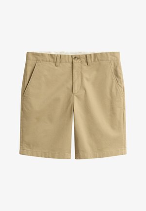 Männer Khaki-Baumwollshorts mit Knopfverschluss, Gürtelschlaufen und Seitentaschen, dargestellt vor weißem Hintergrund.