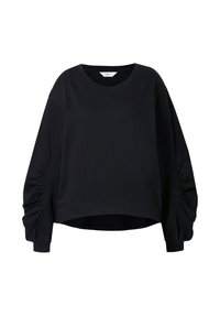 Sudadera negra corta con mangas largas y abullonadas, y puños acanalados. Presenta una tela suave y un escote ancho para un ajuste relajado.