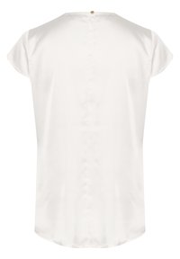 White, short-sleeved blouse with a round neckline, featuring a center back closure with a small gold button and a smooth texture.